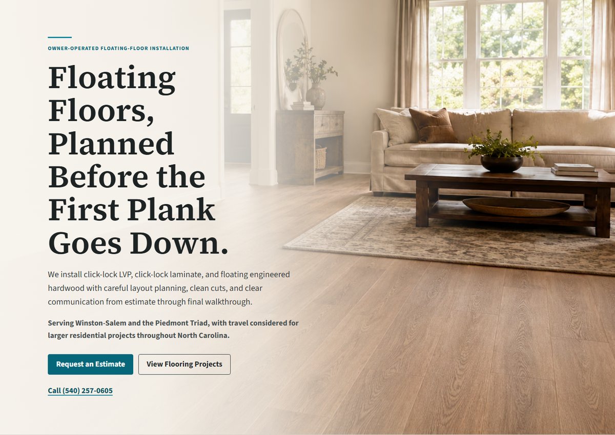 Appalachian Home Worx homepage hero, showing the headline and a living room photo with newly installed flooring.